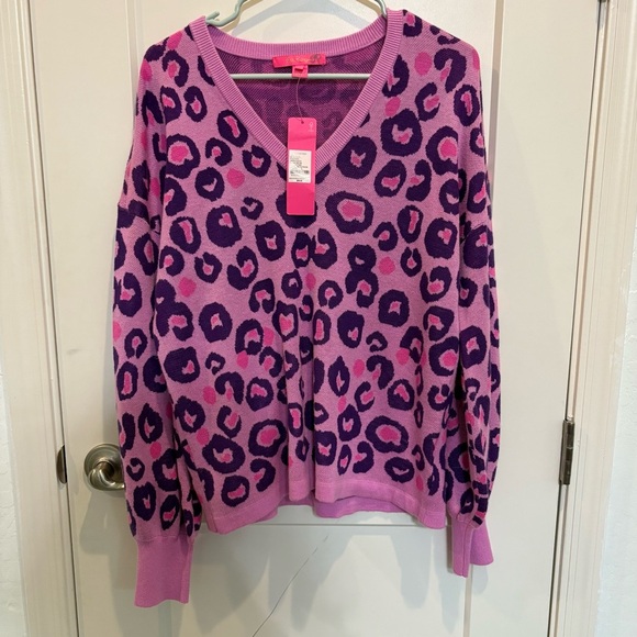 Lilly Pulitzer Jasmina Leopard Print Purple and Pink V-Neck Sweater - Picture 2 of 9